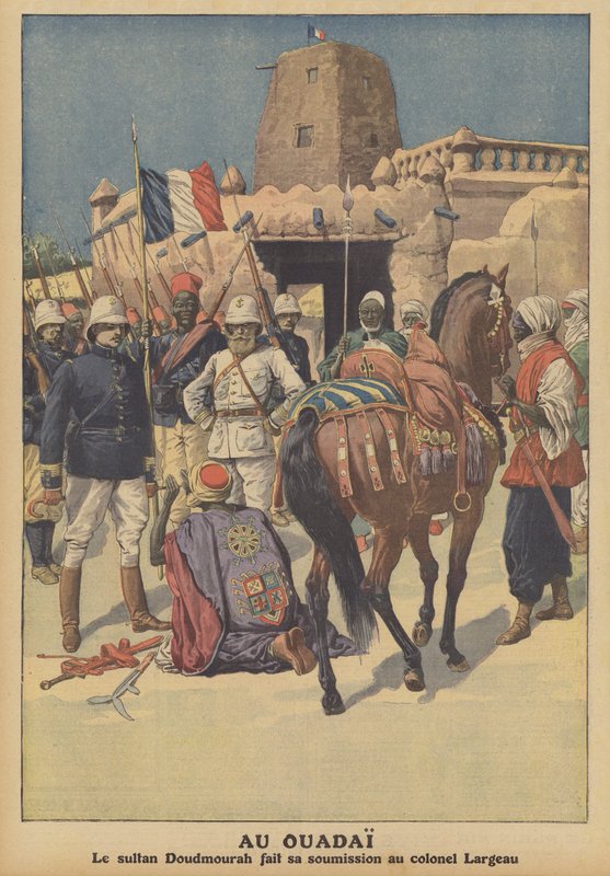 Vzdání se wadajského sultána Doudmourraha francouzským jednotkám pod velením plukovníka Largeau (barevné litho) od French School