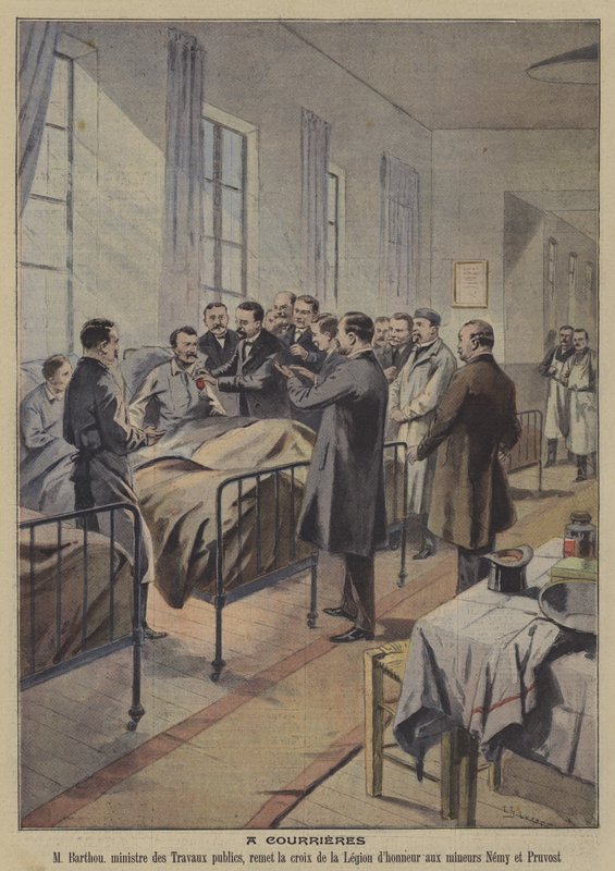 Přeživší katastrofy v dole Courrieres, Francie (barevné lito) od French School