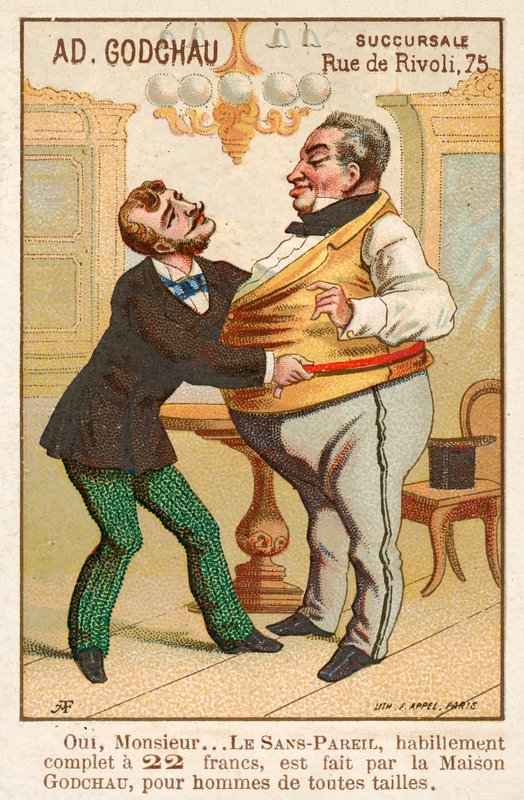 Krejčí měření tlustého zákazníka (chromolitho) od French School