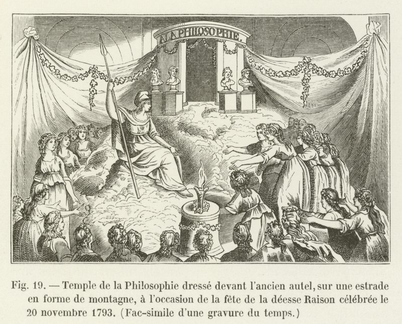 Chrám filozofie stojí před starým oltářem na plošině ve tvaru hory u příležitosti svátku bohyně Rozumu slaveného 20. listopadu 1793, Faksimile rytiny z doby (např. od French School