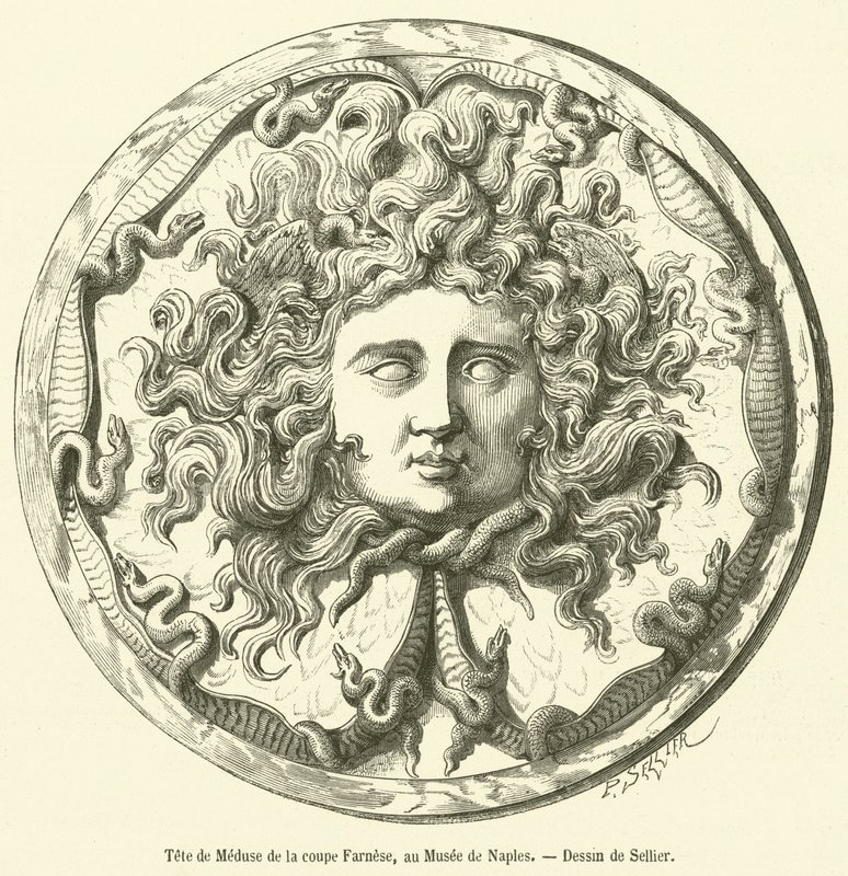Hlava Medúzy z Farnese Cupu v neapolském muzeu (rytina) od French School