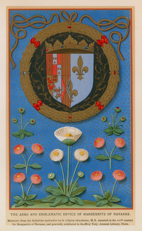 Zbraně a symbolická zařízení Marguerite Navarrské (chromolitho) od French School