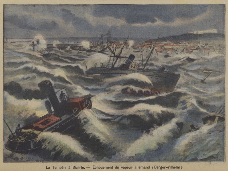 Německý parník Berger-Wilhelm najel na mělčinu v bouři u Bizerte v Tunisku (barva litho) od French School