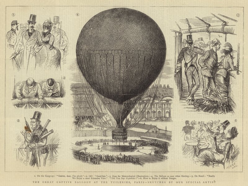 Velký zajatý balón v Tuileries, Paříž (rytina) od French School