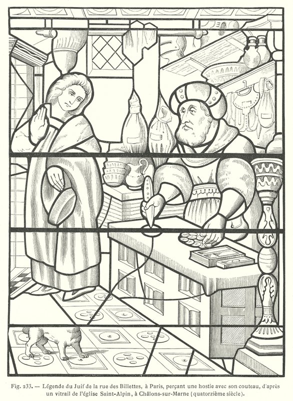 Žid z Rue des Billettes v Paříži znesvěcující Hostii propíchnutím nožem po vitráži ze 14. století v kostele Saint-Alpin, Chalons-sur-Marne, Francie (rytina) od French School