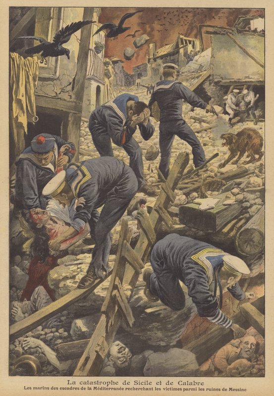 Zemětřesení v Messině v roce 1908, Sicílie (barevné lito) od French School
