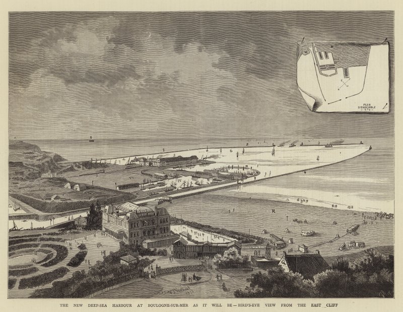 Nový hlubinný přístav v Boulogne-sur-Mer, jak bude, pohled z ptačí perspektivy z východního útesu (rytina) od French School