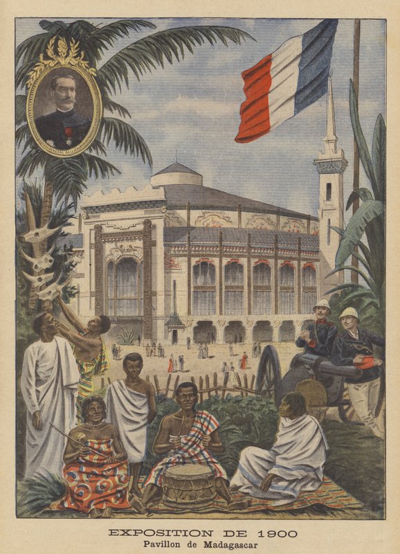 Pavilon Madagaskaru na výstavě Universelle z roku 1900 v Paříži (barevné lito) od French School