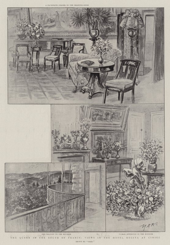 Královna na jihu Francie, pohledy v hotelu Regina na Cimiez (litho) od French School