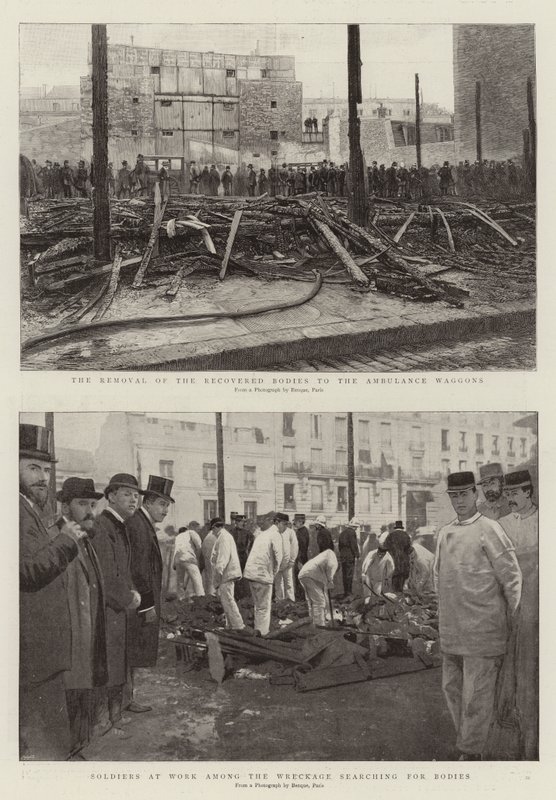 Odvoz nalezených těl do sanitních vozů, Vojáci v práci mezi troskami hledají těla (rytina) od French School