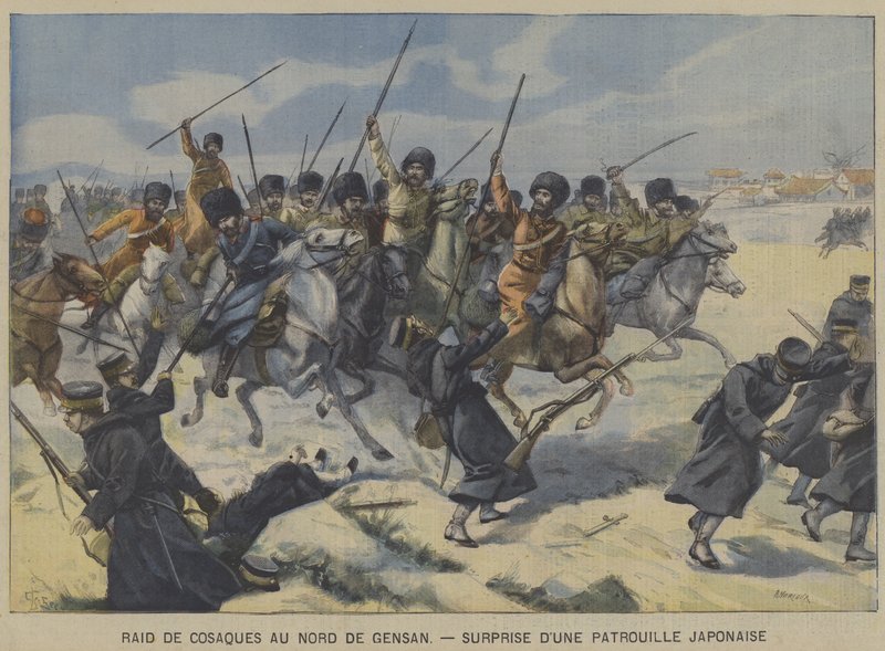 Rusko-japonská válka: Kozáci překvapující japonskou hlídku při nájezdu severně od Gensanu v Koreji (barva litho) od French School