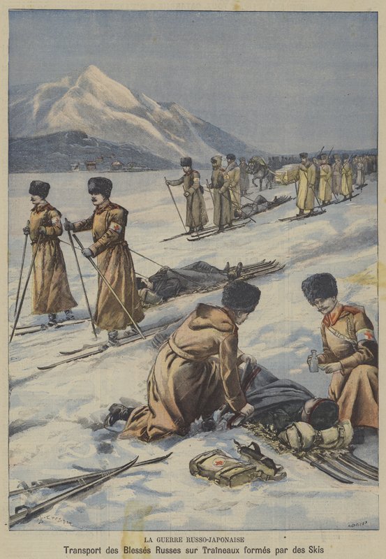 Rusko-japonská válka: přeprava raněných ruských vojáků na saních vyrobených z lyží (barva litho) od French School