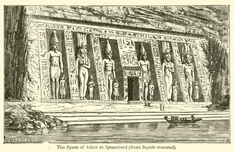 Speos of Athor v Ipsamboul, přední fasáda obnovena (rytina) od French School
