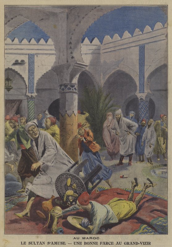 Marocký sultán baví tím, že hraje vtip na svého velkovezíra (barva litho) od French School