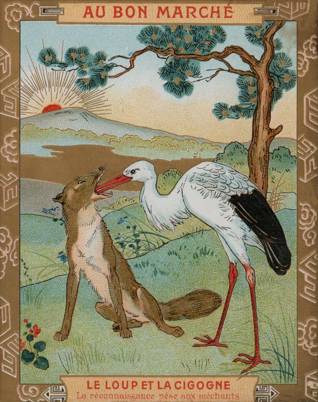 Vlk a jeřáb, jedna z Ezopových bajek (chromolitho) od French School