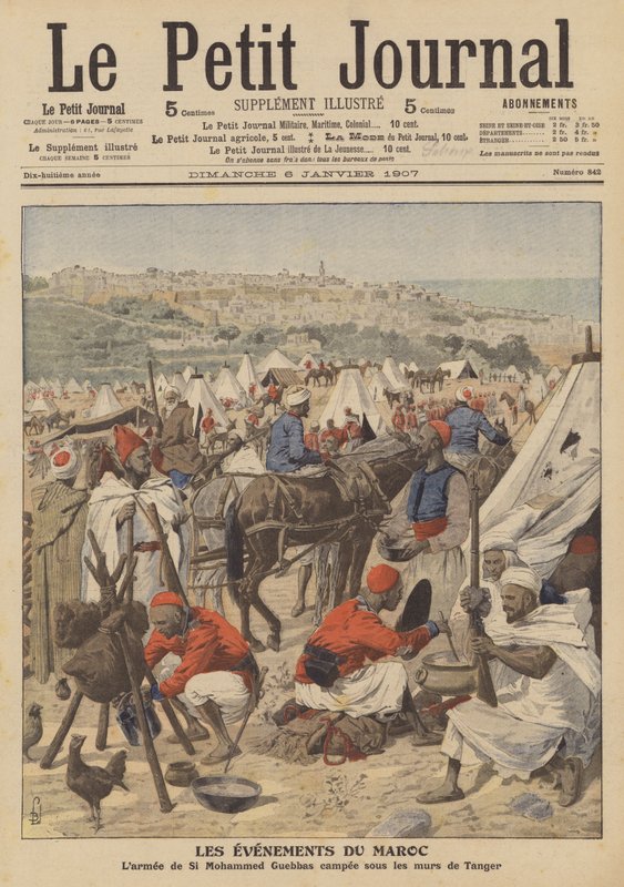 Armáda Mohammeda Guebbase tábořila pod hradbami Tangeru v Maroku (barva litho) od French School