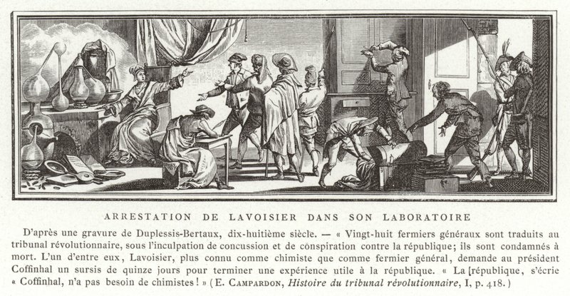 Zatčení Antoina Lavoisiera v jeho laboratoři, 1794 od French School