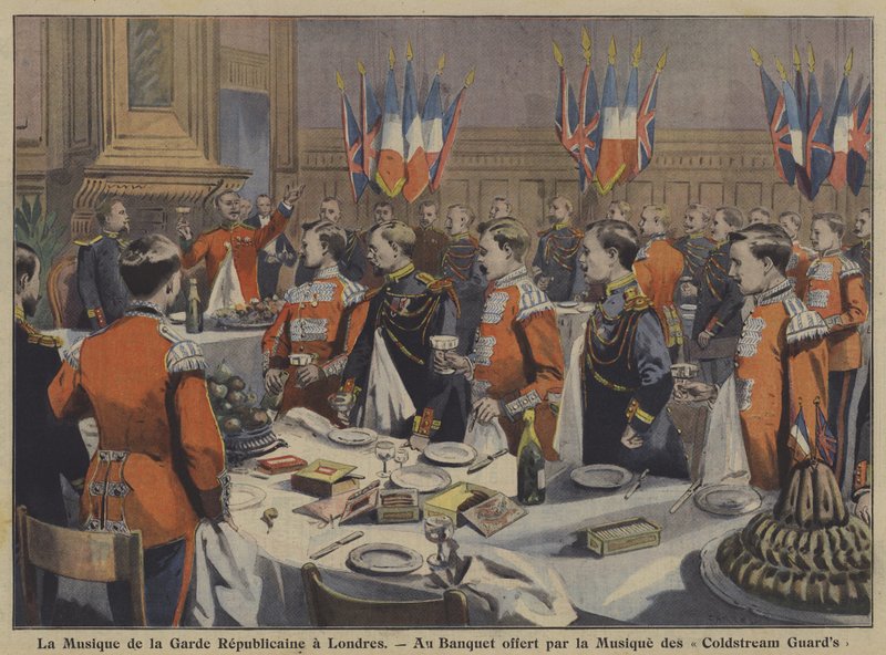 Kapela Francouzské republikánské gardy na banketu pořádaném skupinou Coldstream Guards v Londýně (barevné lito) od French School