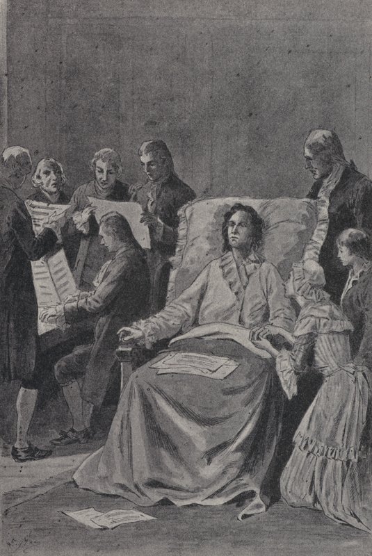Umírající Wolfgang Amadeus Mozart poslouchá své přátele při hraní jeho kantáty In Chvála přátelství (rytina) od French School