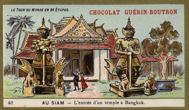 Vchod do chrámu v Bangkoku, Siam (chromolitho) od French School