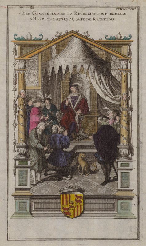 Pánové z Rethelois vzdávají hold Henri de Lautrecovi, Comte de Rethelois (barevná rytina) od French School