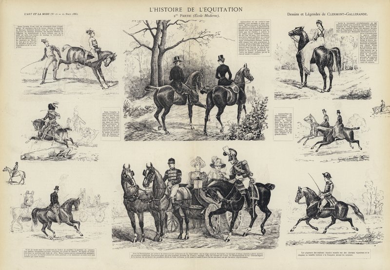 Historie jízdy na koni (litho) od French School