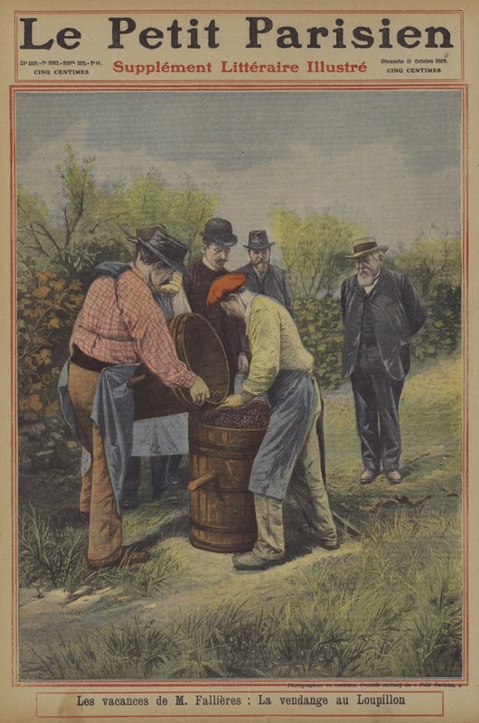 Svátky francouzského prezidenta Fallierese: sklizeň hroznů v jeho domě ve vesnici Loupillon (barva litho) od French School