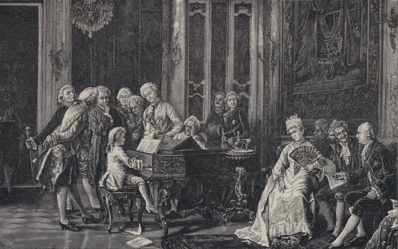 Sedmiletý Wolfgang Amadeus Mozart hrající před králem Jiřím III. v Londýně, 1764 od French School