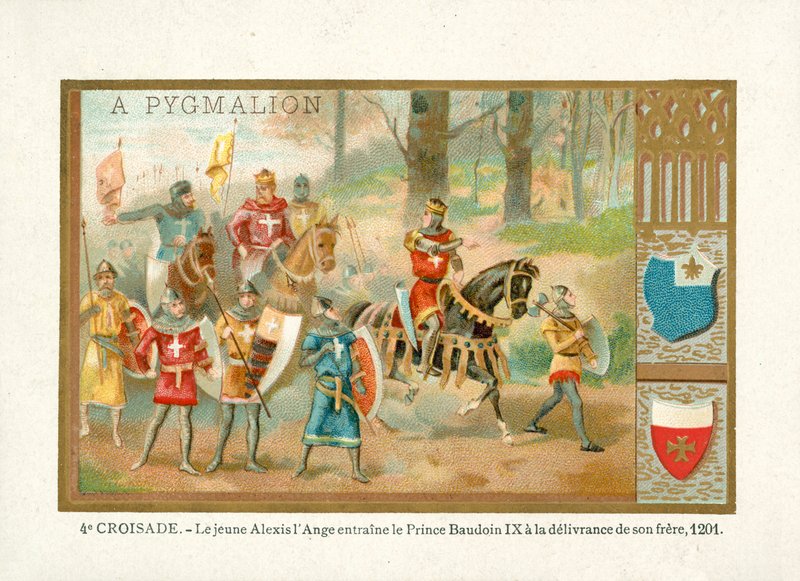 Mladý Alexios IV Angelos přivádí Baldwina IX, hraběte z Flander, aby osvobodil svého bratra, čtvrtou křížovou výpravu od French School
