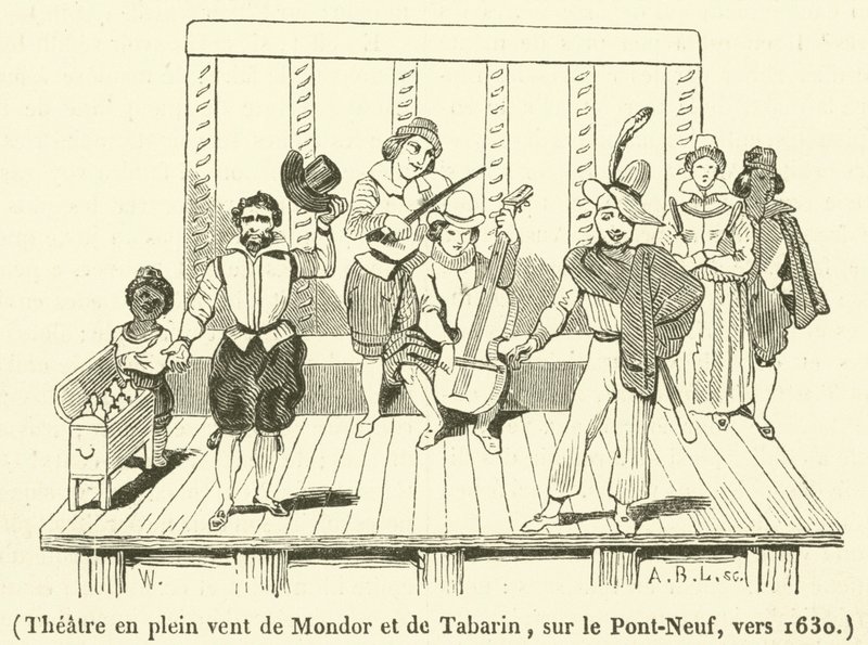 Divadlo pod širým nebem Mondor a Tabarin, na Pont-Neuf, kolem 1630 (rytina) od French School