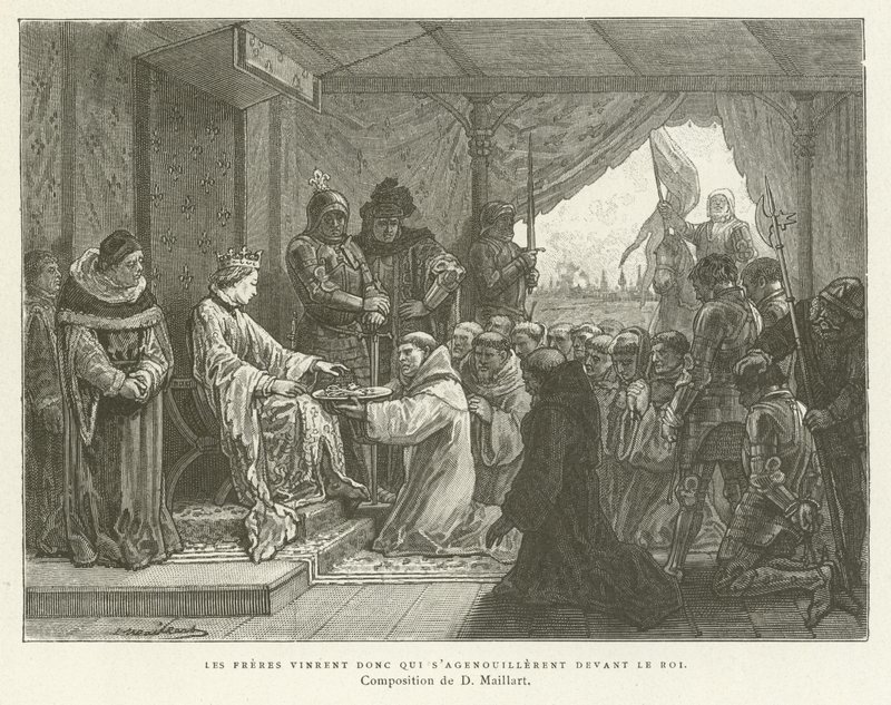 Pak přišli bratři, kteří poklekli před králem od French School