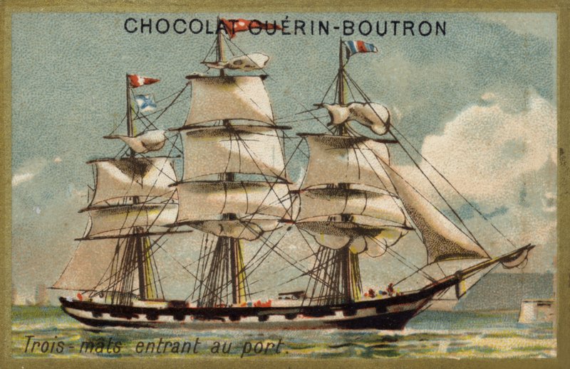 Třístěžňová plachetnice vplouvající do přístavu (chromolitho) od French School