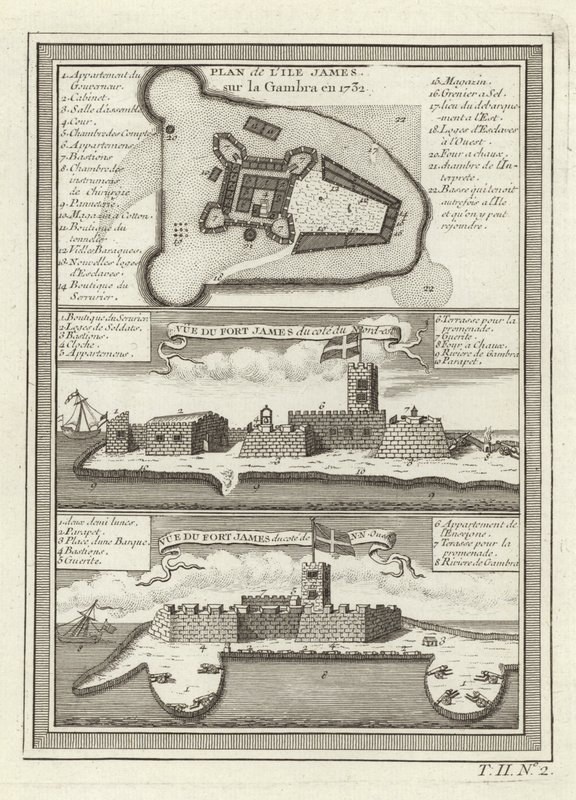 Tři pohledy na Fort James v Gambii od French School