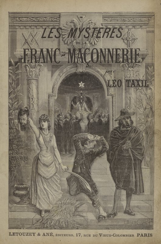 Ilustrace na titulní straně knihy The Mysteries of Freemasonry Revealed (rytina) od French School