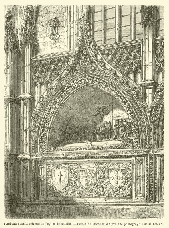 Hrobka uvnitř kostela Batalha (rytina) od French School