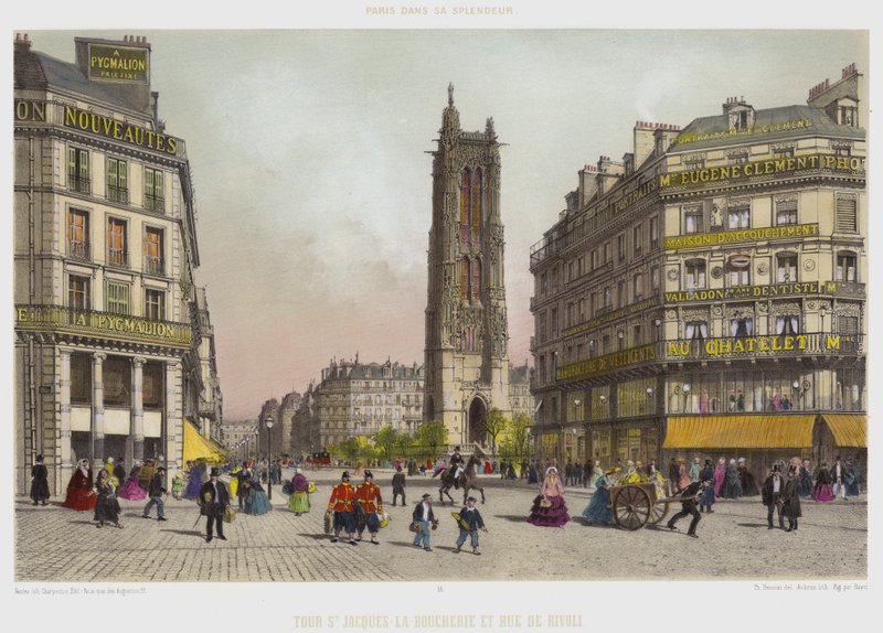 Věž St Jacques-La-Boucherie a Rue De Rivoli (barevné lito) od French School