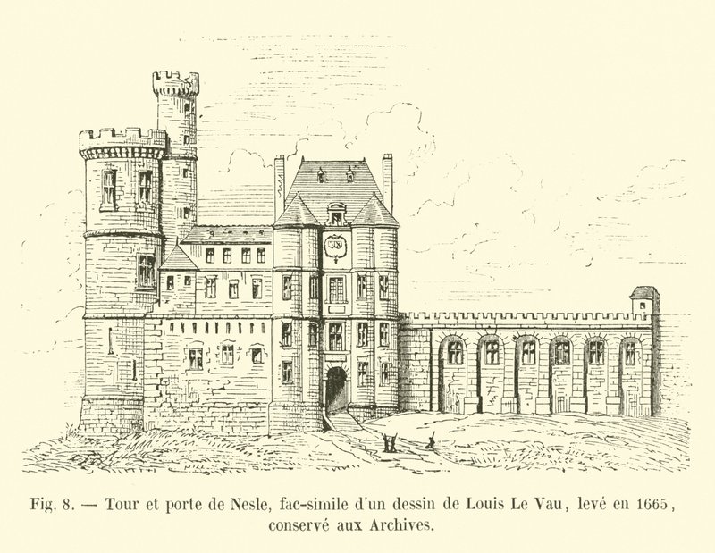 Věž a brána Nesle, faksimile kresby Louis Le Vau, nakreslená v roce 1665, zachováno v archivech od French School