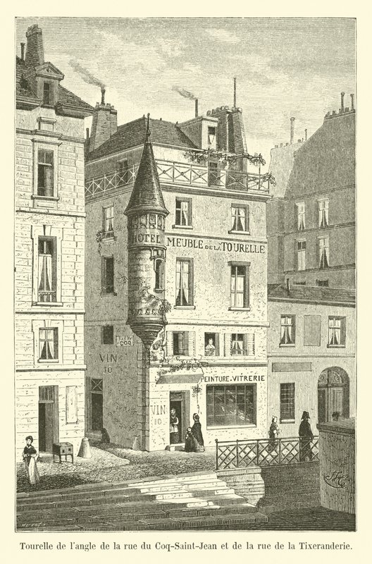 Věž na rohu rue du Coq-Saint-Jean a rue de la Tixeranderie od French School