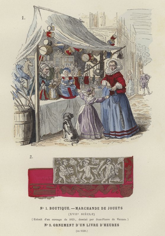 Stánek s hračkami, 17. století a dekorativní detaily z knihy hodin, 1520 od French School