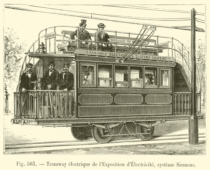 Elektrická tramvaj na výstavě elektřiny, systém Siemens (rytina) od French School