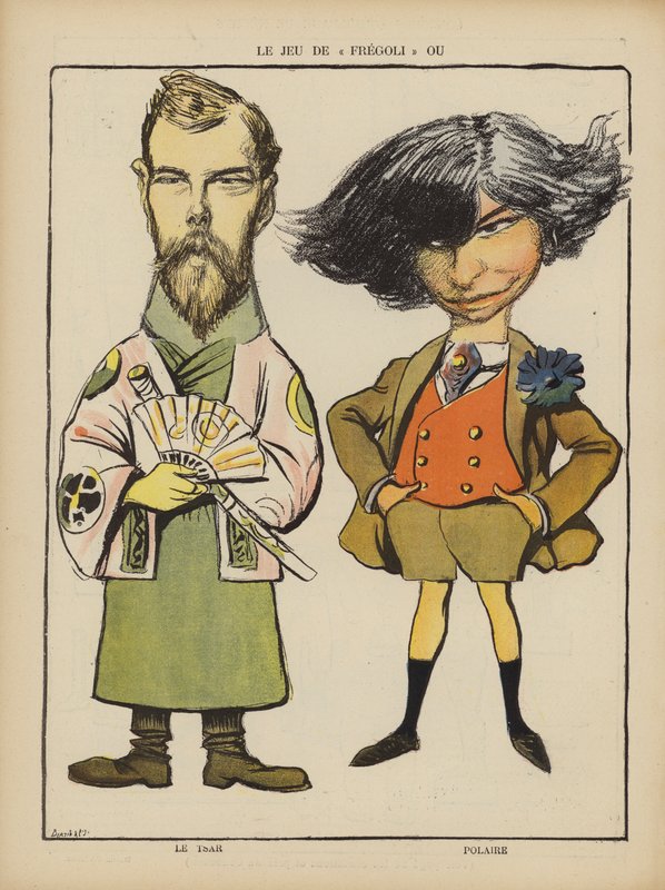 Ruský car Nicholas II a francouzská herečka Polaire. Ilustrace pro Le Rire (barevné lito) od French School