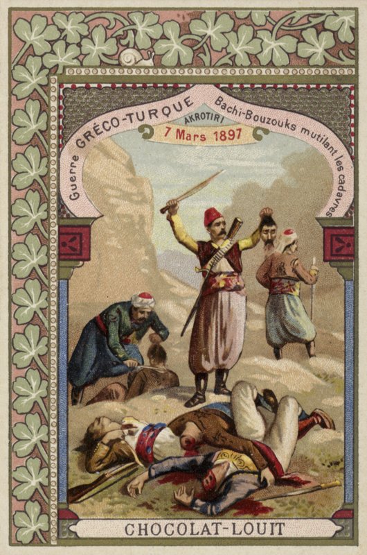 Turečtí baši-bazukové mrzačí řecké mrtvoly, Akrotiri, Kréta, řecko-turecká válka, 7. března 1897 od French School