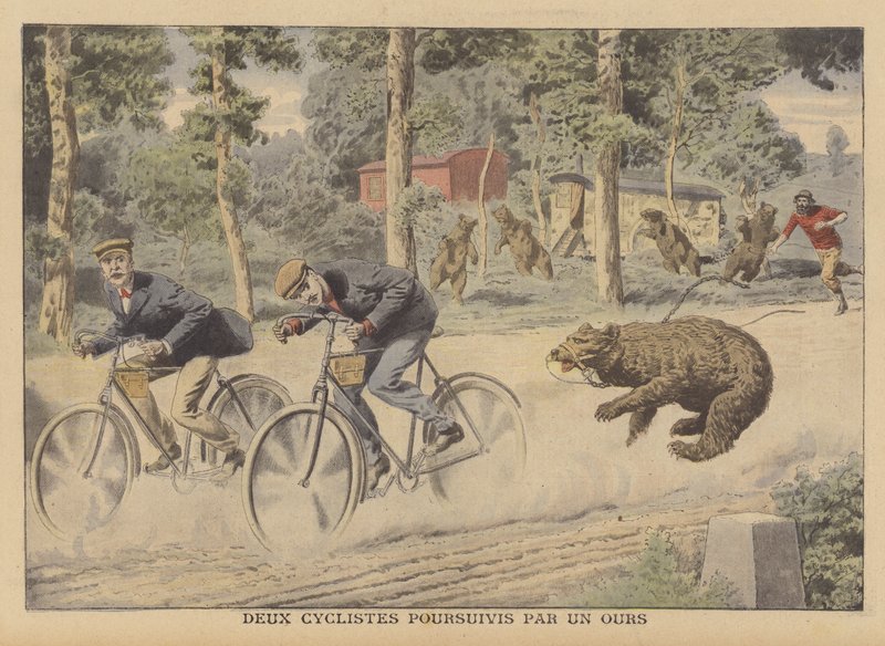 Dva cyklisté pronásledovaní uprchlým medvědem (barva litho) od French School