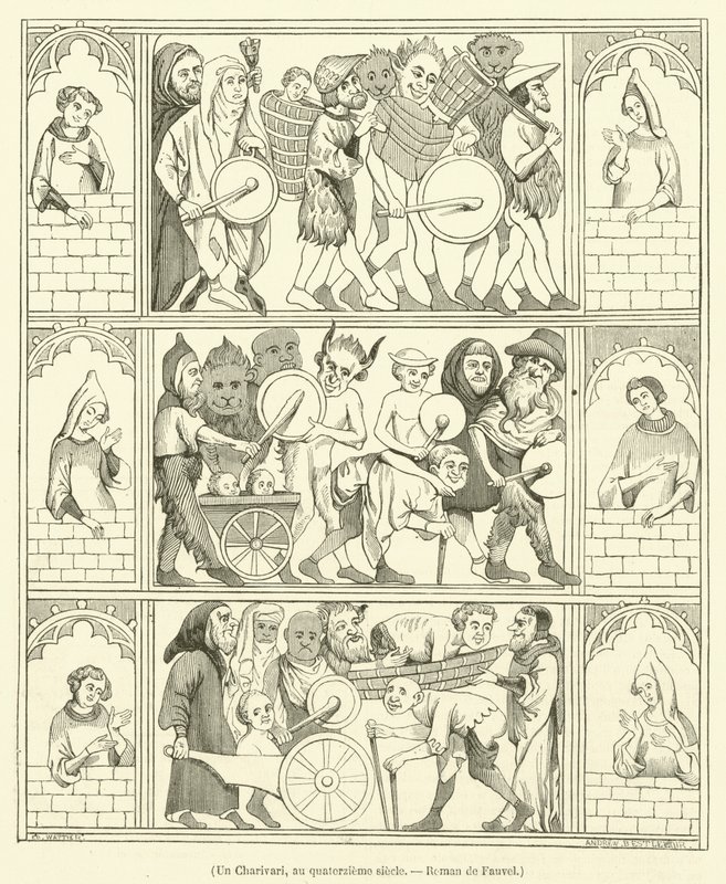 Un Charivari, au quatorzieme siecle, Roman de Fauvel (rytina) od French School
