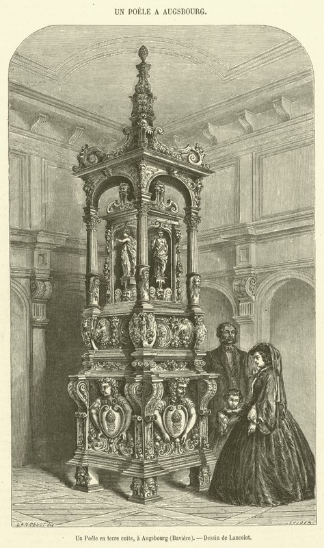 Terakotová kamna, v Augsburgu, Bavorsko (rytina) od French School