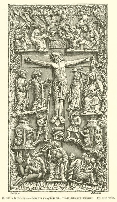 Jedna strana slonovinové desky evangeliáře zachované v Císařské knihovně (rytina) od French School