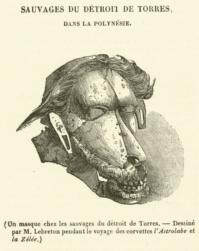 Maska mezi divochy v Torresově průlivu (rytina) od French School