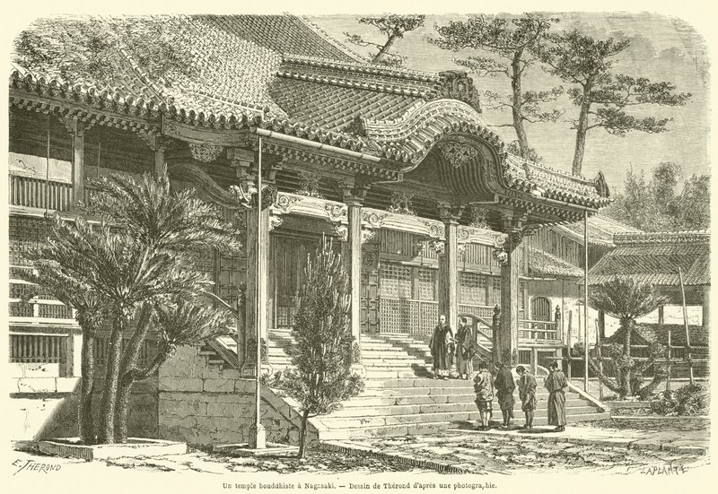 Buddhistický chrám v Nagasaki (rytina) od French School