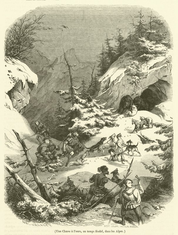 Lov na medvědy, ve feudálních dobách, v Alpách (rytina) od French School