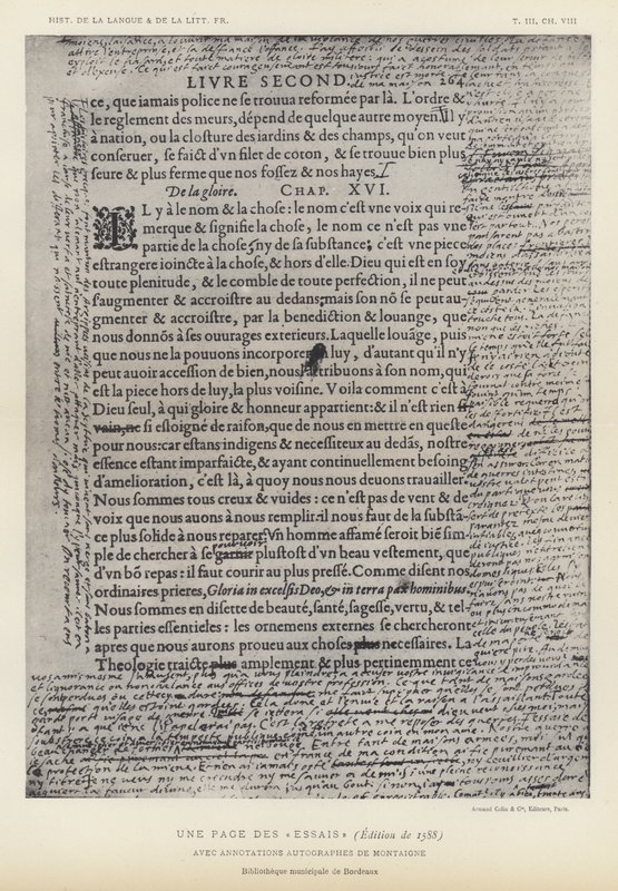 Stránka z esejí, edice z roku 1588, s autogramovými anotacemi od Montaigne (litho) od French School